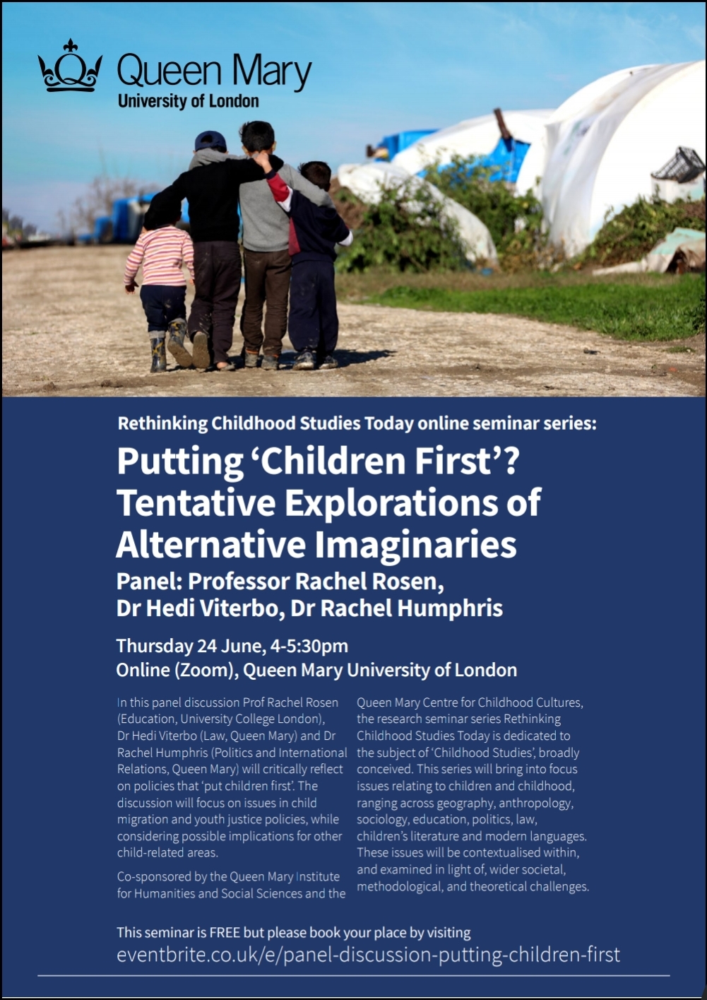 poster for rethinking childhood 3rd event with photo showing a group of children walking past encampment