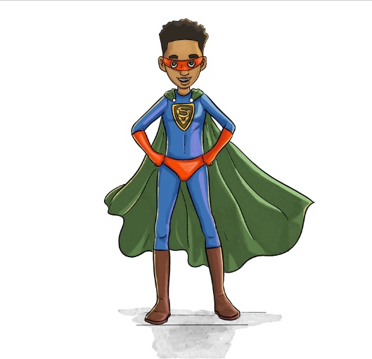 Image of child superhero. Figure 1: Kevin Ntwali in Hilary Rogers. The Virus-Stopping Champion. Illus. by Kevin Ntwali. NABU, 2020. p. 6. Licensed under Creative Commons Attribution-NonCommercial-NoDerivatives 4.0 International License.