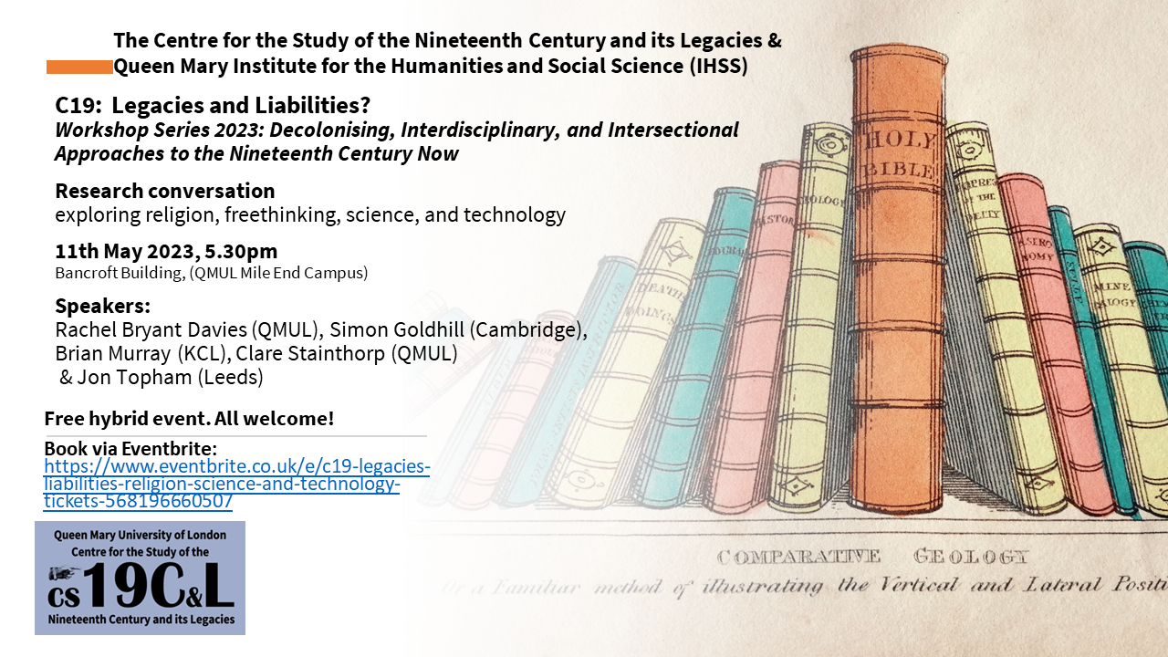 Poster for Research Conversation, showing text against 19thC image of bookshelf entitled 'Comparative Geology' (with Bible in the centre)