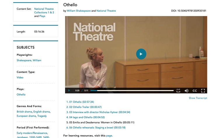 Screenshot of NT resources for Shakespeare's Othello showing video and links