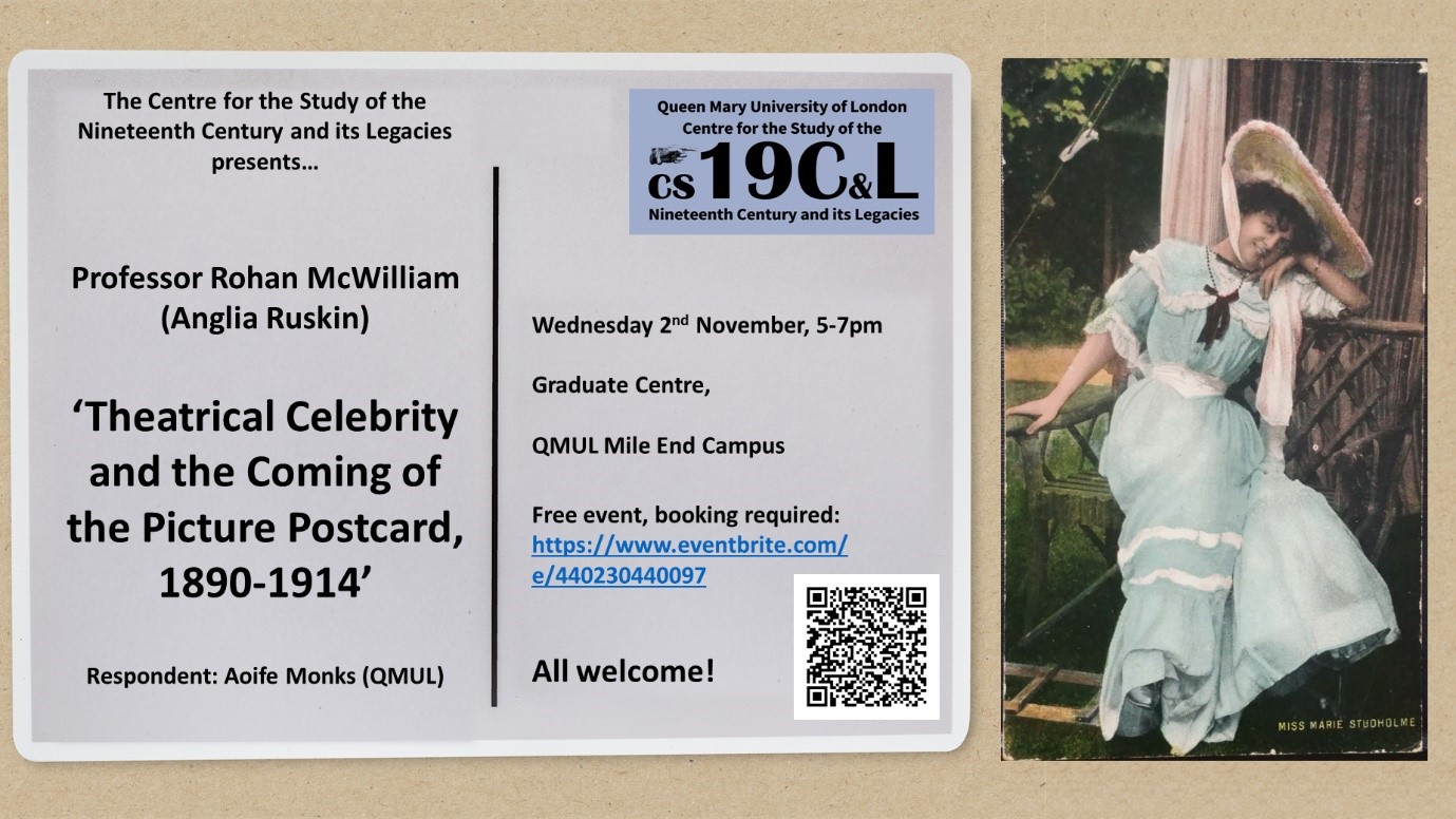 poster for McWilliam lecture on postcards, showing image of Miss Marie Studholme (actress sitting on garden bench)