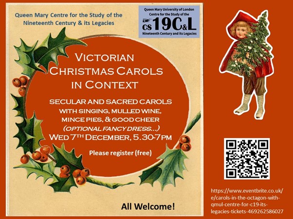poster for the carols event, decorated with holly sprig and with image of Victorian child carrying small christmas tree