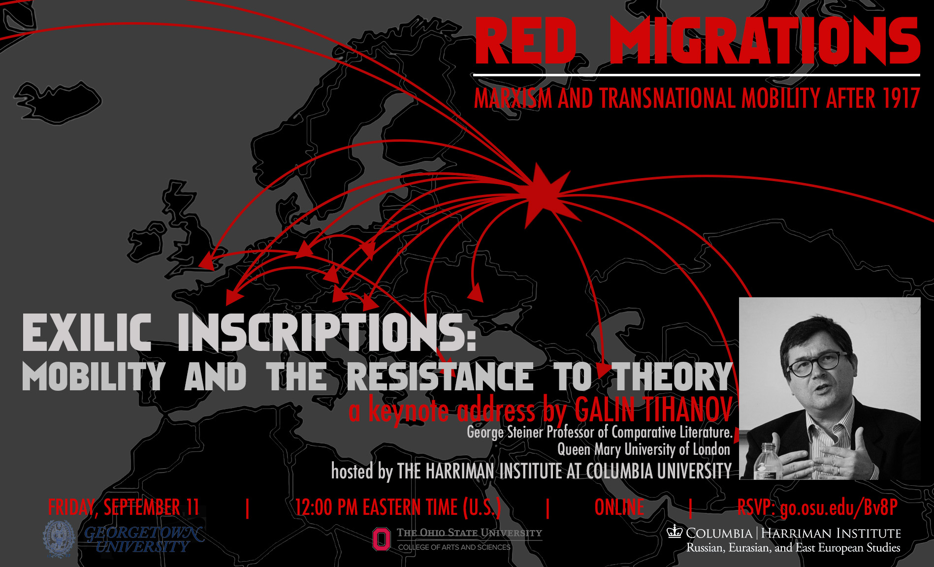 A poster for Red Migrations conference including photograph of Galin Tihanov
