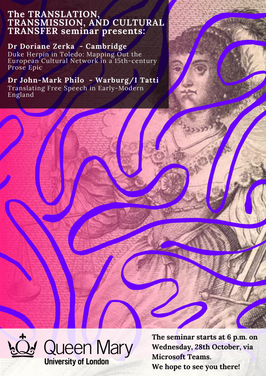 Poster with background of engraving of a woman with purple doodles superimposed