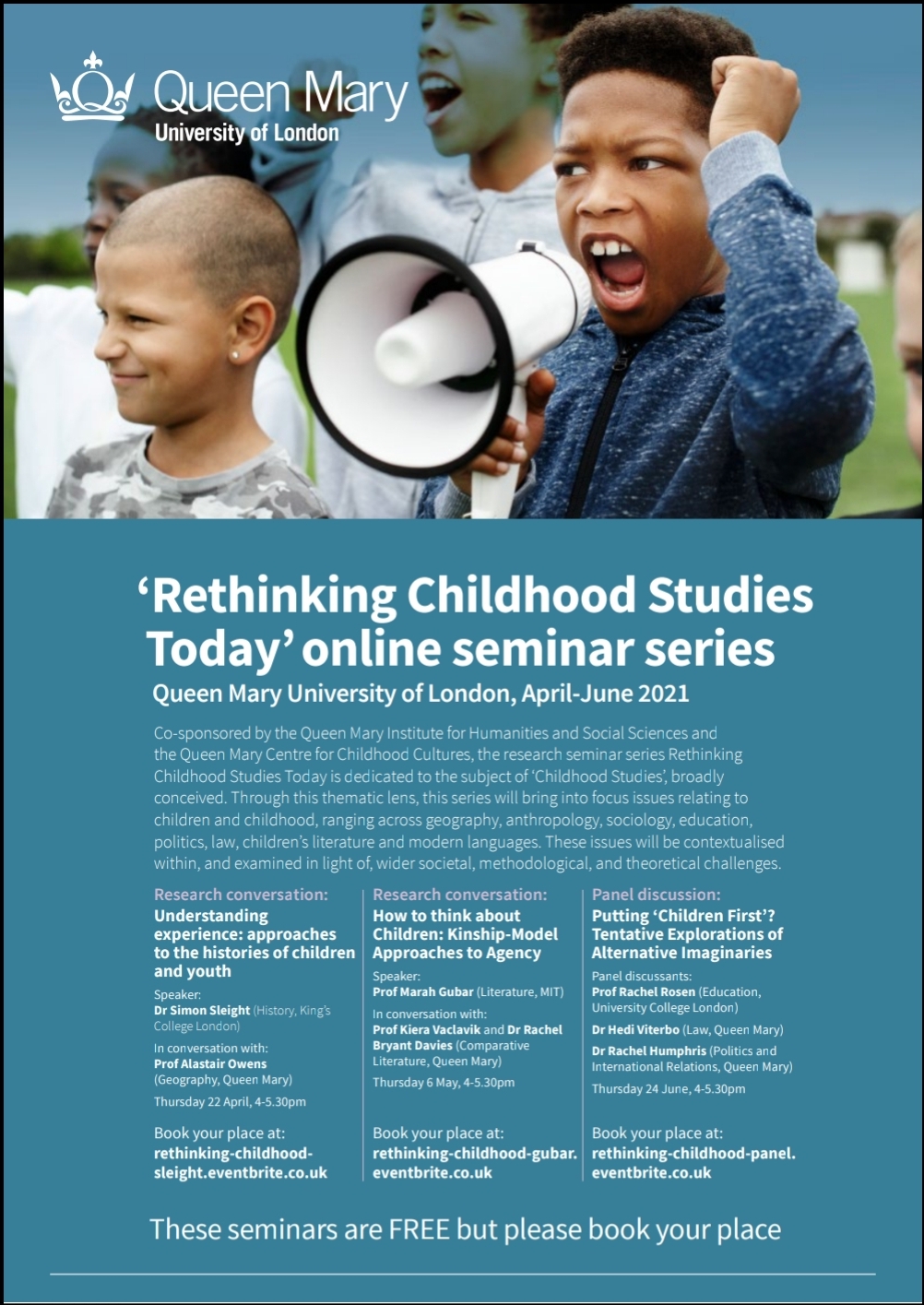 poster for rethinking childhood series with image of children holding megaphone