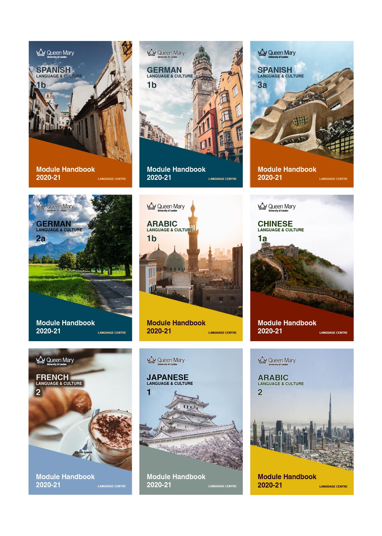 A synopsis of nine cover pages of Language module guides