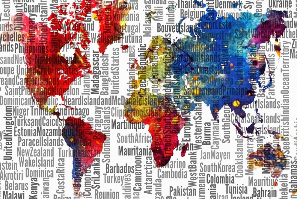 World map overlaid by names of countries