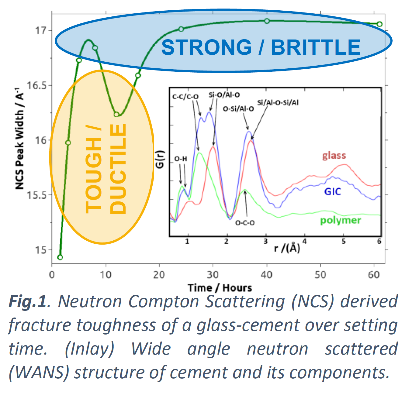 Neutron Compton Scattering (NCS) derived fracture toughness of a glass-cement over setting time. (Inlay) Wide angle neutron scattered (WANS) structure of cement and its components.