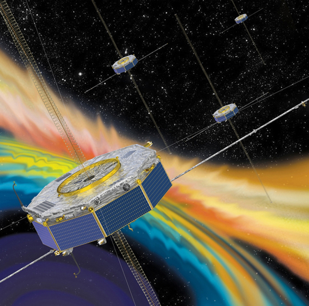 Illustration of the MMS spacecraft measuring the solar wind plasma in the interaction region with the Earth’s magnetic field. Credit: NASA.