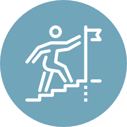 A cartoon figure climbing stairs to reach the summit flag pole