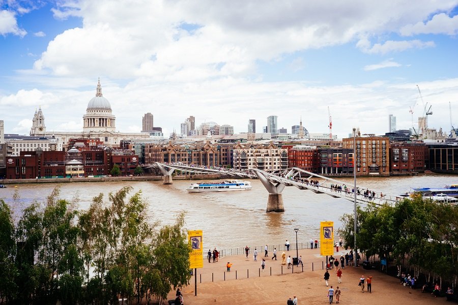A picture of St Paul's Cathedral, the Millennium Bridge and the City of London which is on Queen Mary's doorstep