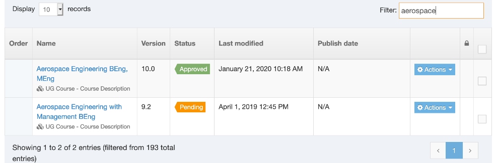 Screenshot of what it looks like to use filter to search for course descriptions in T4