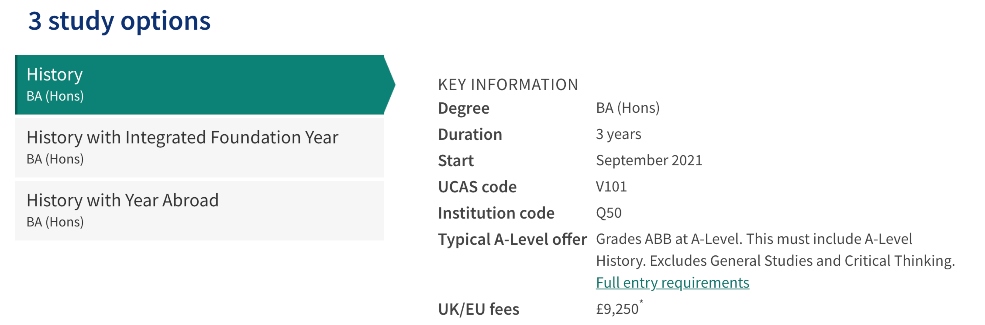Screenshot of study options and key information on undergraduate courses