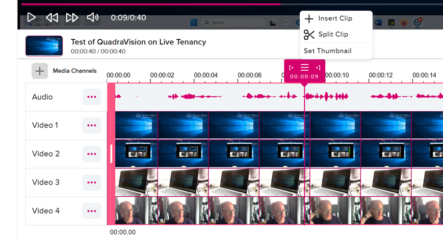Quadravision editing view and it shows all the video feeds. Options to insert clip, split clip and set thumbnail.