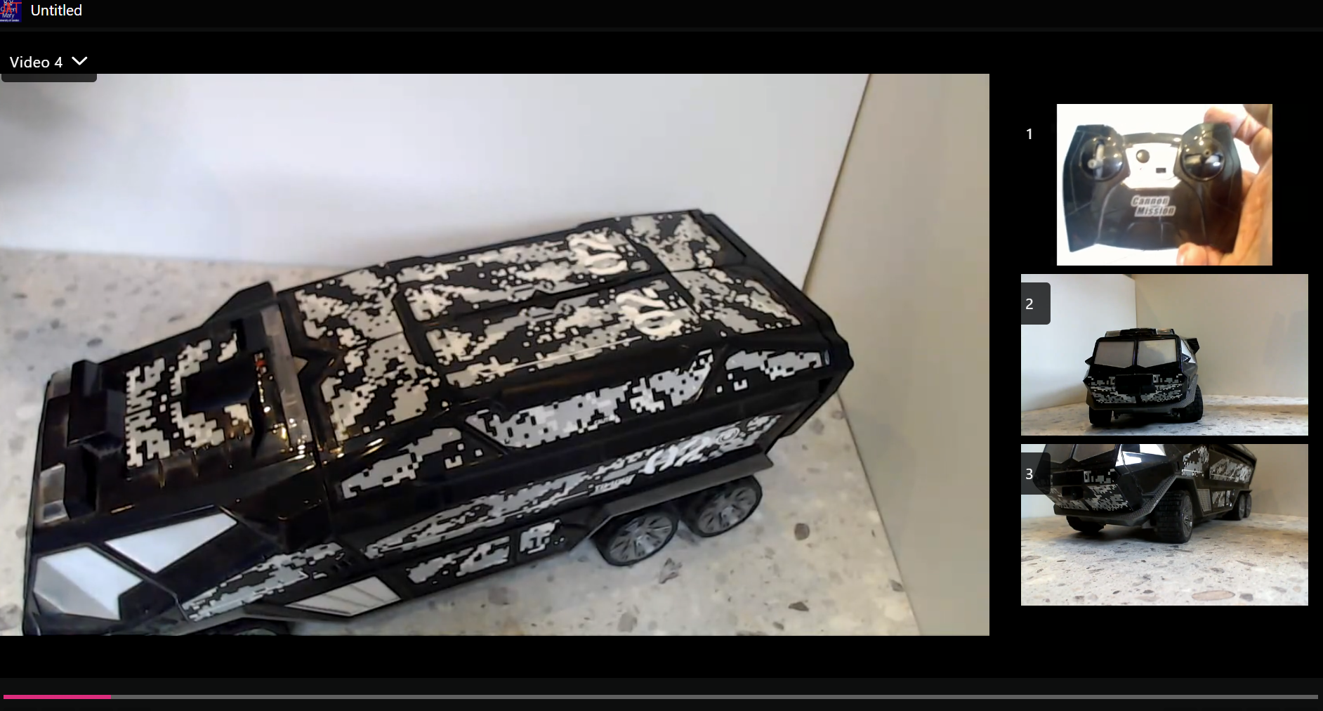 An example of quadravision with a remote control car and camera feeds from three different angles.