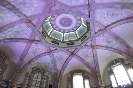 An image of the Octagon ceiling at QMUL with purple light effect