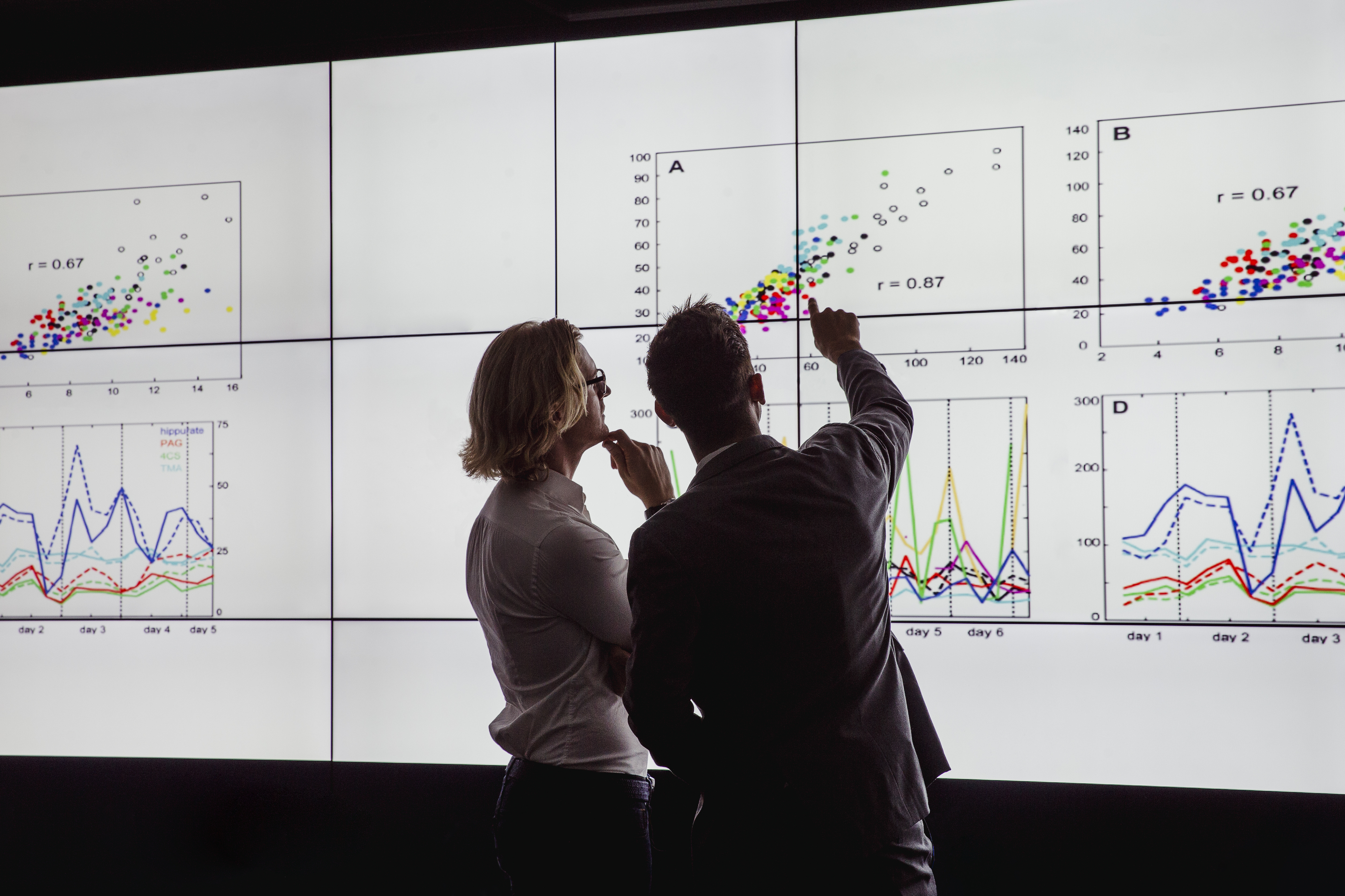Two people looking at groups of data charts