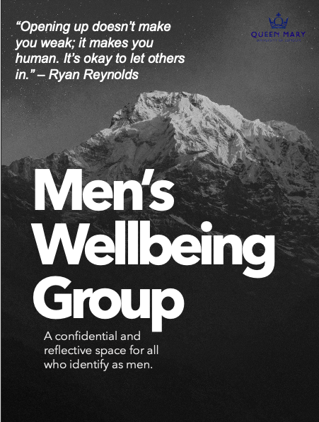 A poster for mens wellbeing group in black and white with a mountain in the background