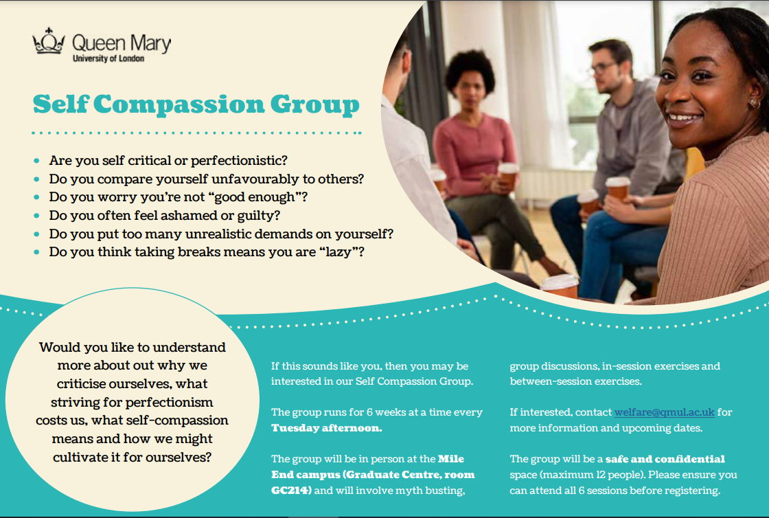 Self compassion group flyer with information about the group which is also given on this webpage