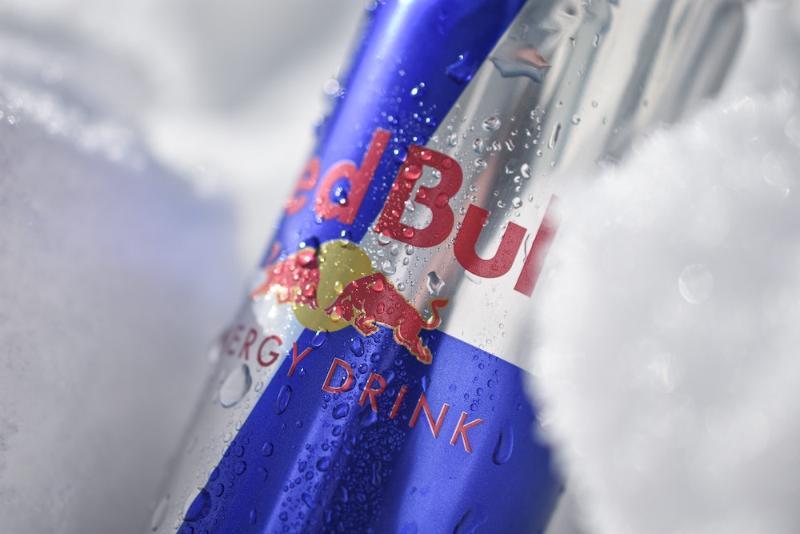 A close-up of a can of Red Bull energy drink