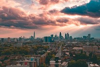A panoramic view looking west from Mile End to the City of London