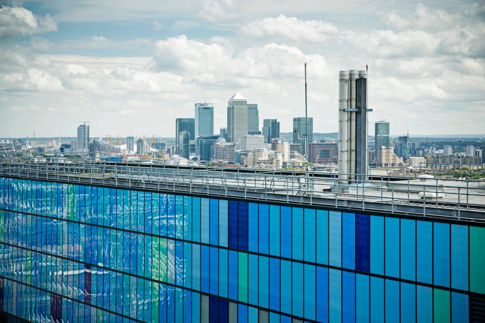 View of London with a blue building in the foreground