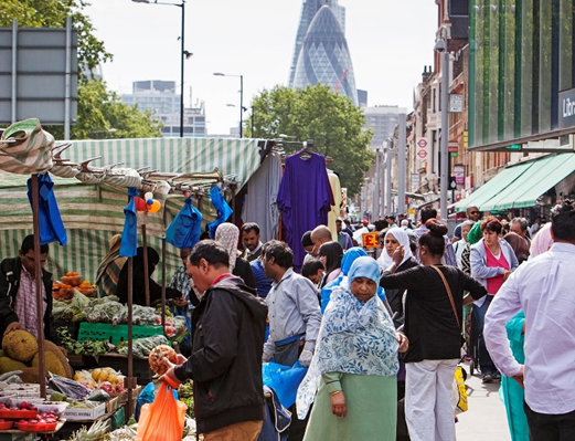 A busy market in the ethnically-diverse East London area