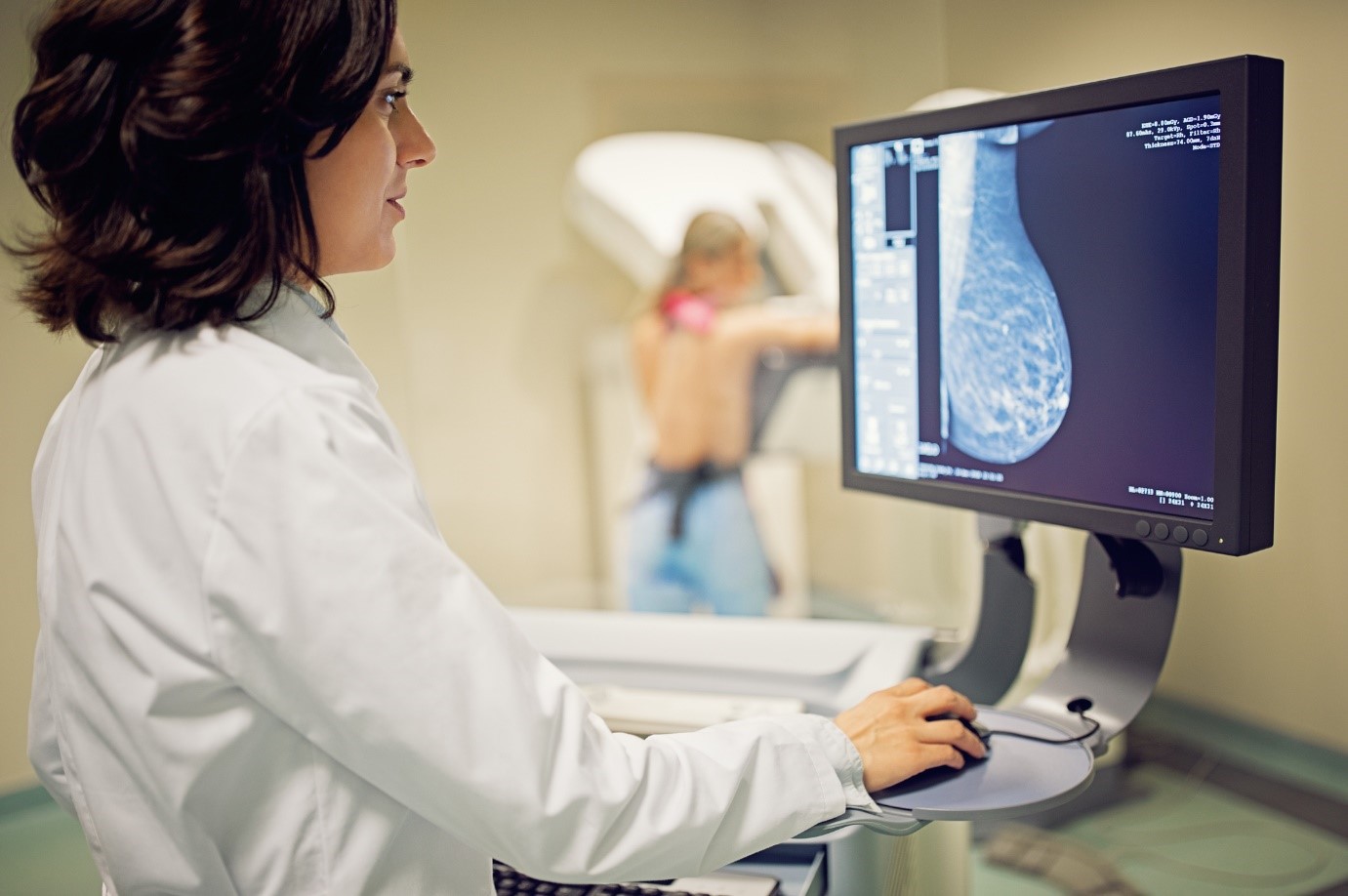 A mammographer carries out a breast screening