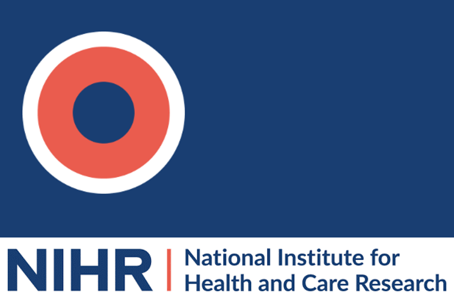 The logo of the National Institute of Health and Care research, consisting of blue text on a white background underneath a logo of white, red and blue concentric circles on a blue background.