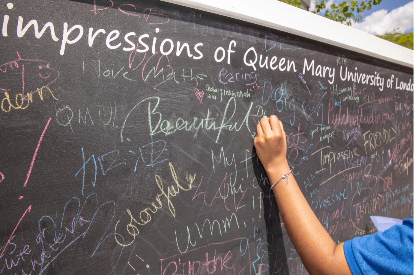 Person writing on large chalkboard