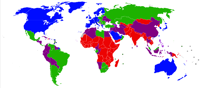 Map of the world showing low, middle and high income countries.