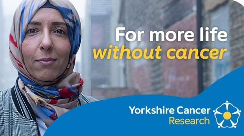 The logo of Yorkshire Cancer Research, with a woman wearing a hijab standing in a residential street